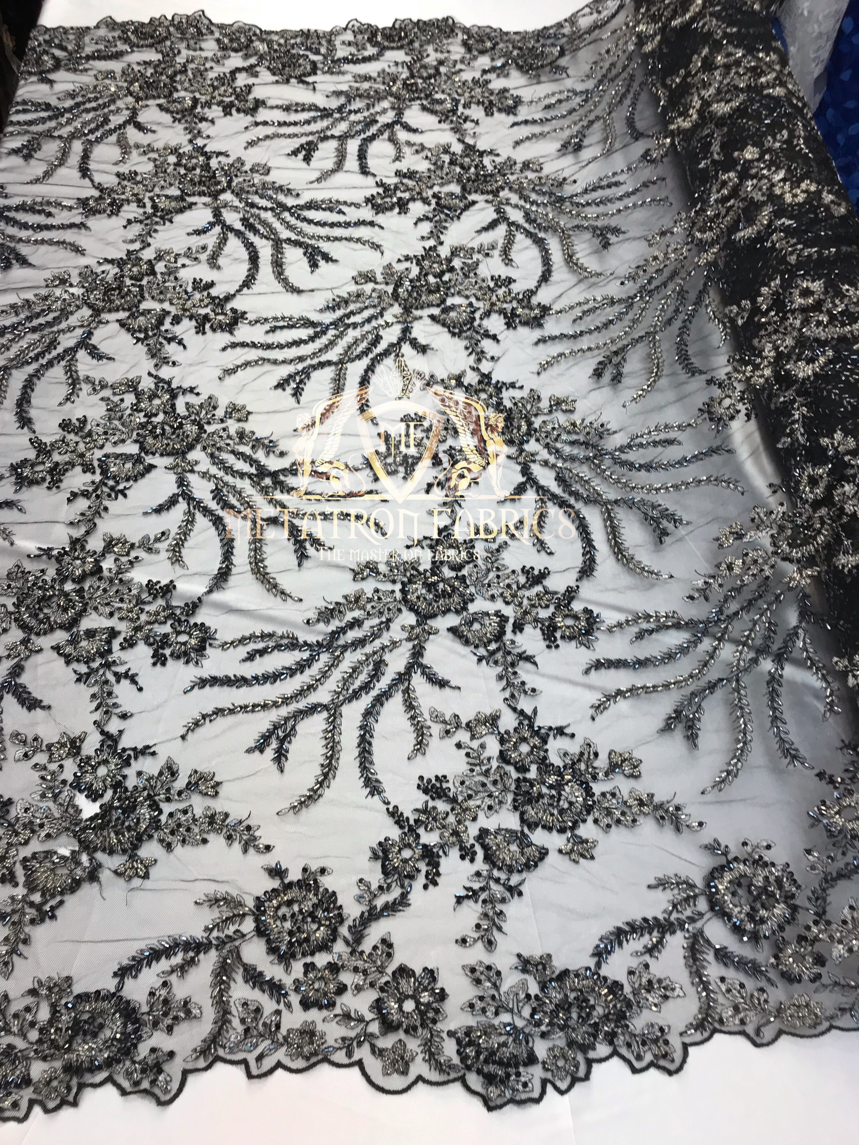 Beaded - Black - Fancy Flower Design Sequins Fabric with Beads Sold By The Yard