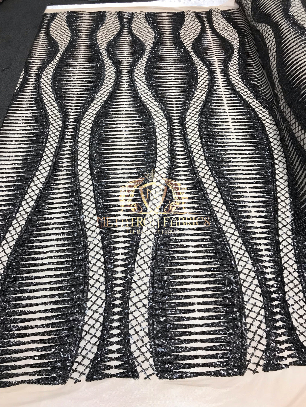 4 Way Stretch - Black - Horizontal Line Design Sequins On Stretch Mesh By The Yard