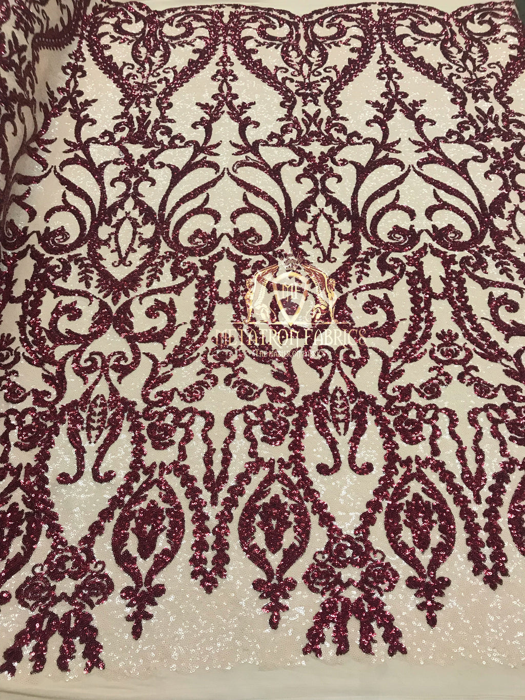 Two Tone Sequins - Burgundy / Nude - 4 Way Stretch Fancy Design Mesh Fabric Sold By The Yard