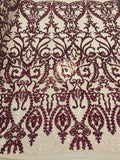 Two Tone Sequins - Burgundy / Nude - 4 Way Stretch Fancy Design Mesh Fabric Sold By The Yard