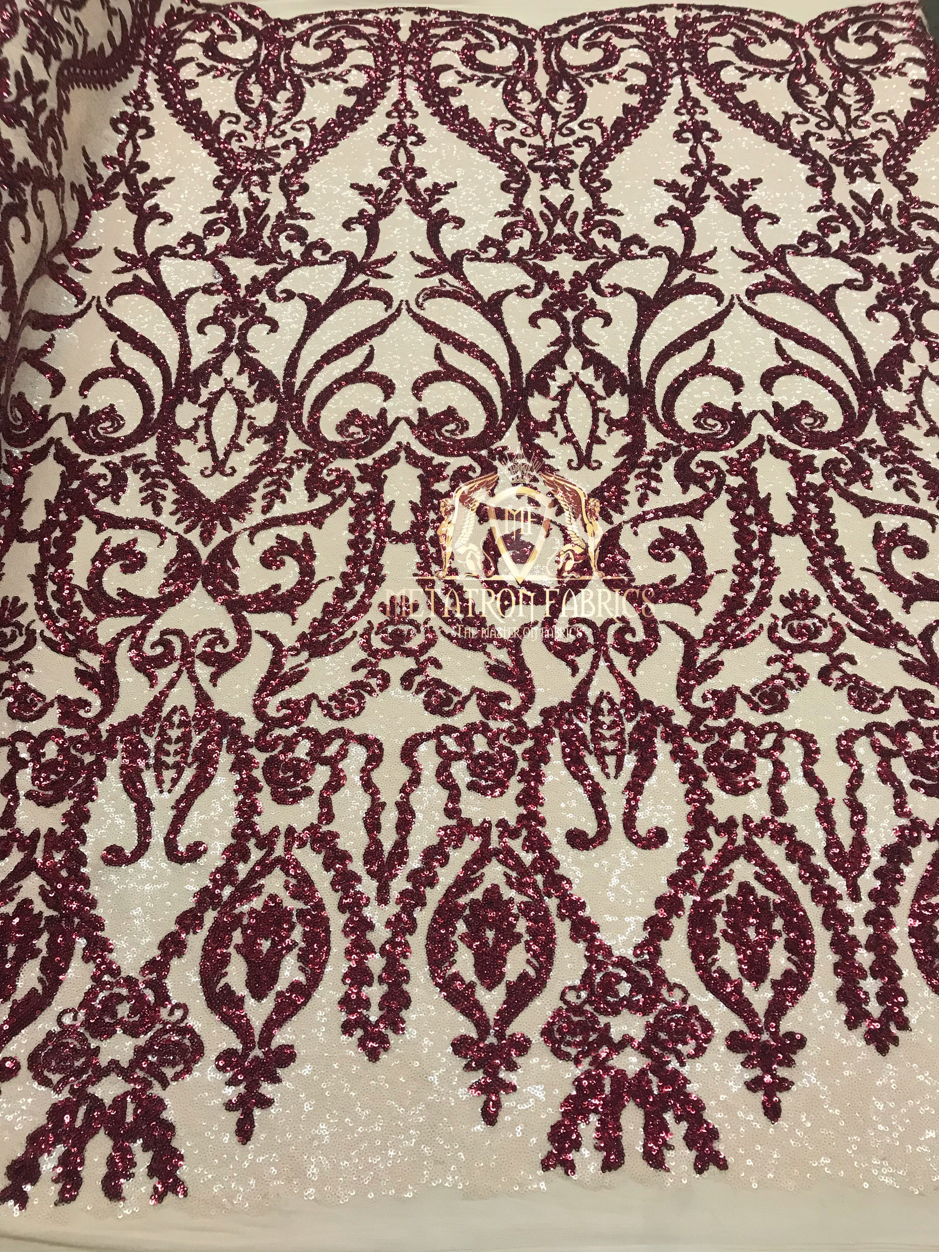 Two Tone Sequins - Burgundy / Nude - 4 Way Stretch Fancy Design Mesh Fabric Sold By The Yard