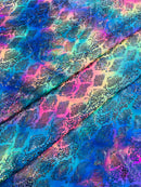 Cobra Snake Foil Fabric - Hot Pink / Blue Iridescent - Cobra Snake Design on Tie Dye Spandex Fabric By Yard