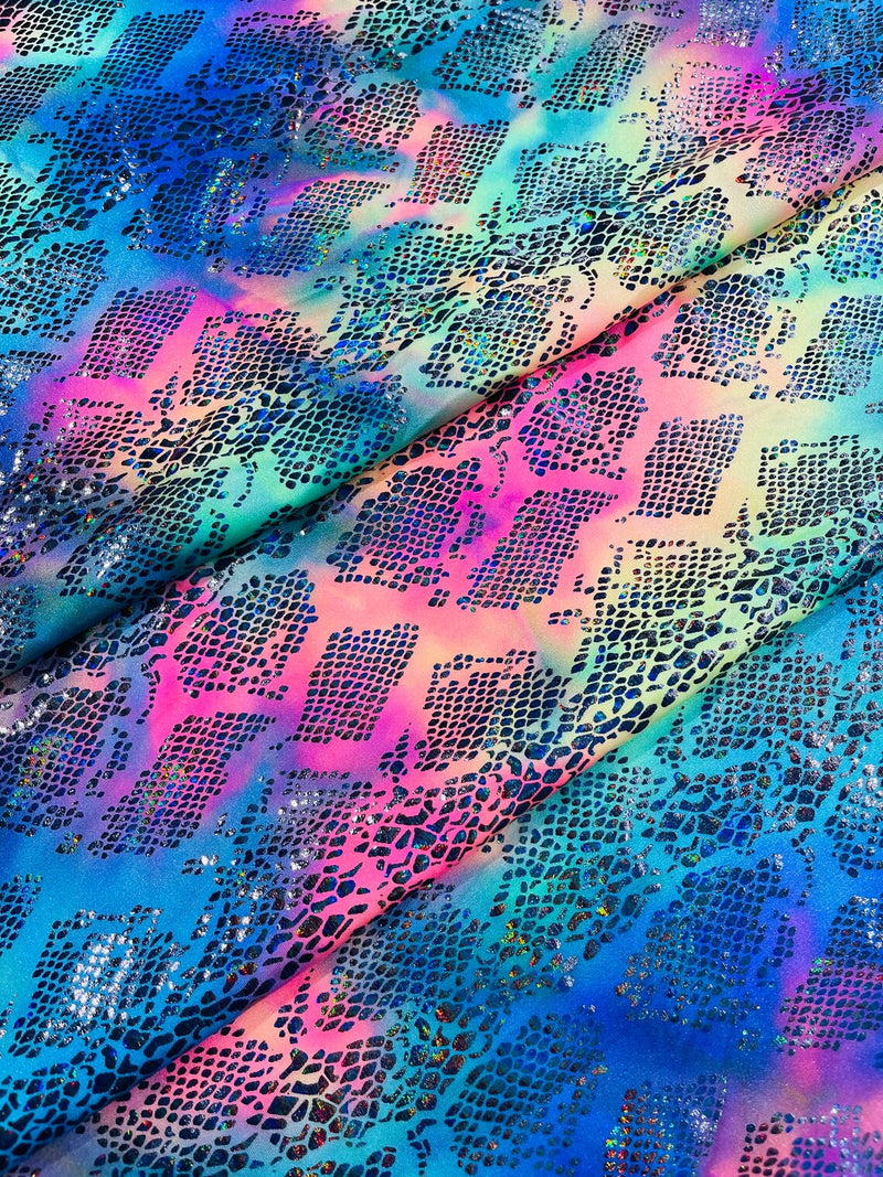 Cobra Snake Foil Fabric - Hot Pink / Blue Iridescent - Cobra Snake Design on Tie Dye Spandex Fabric By Yard