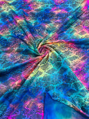 Cobra Snake Foil Fabric - Hot Pink / Blue Iridescent - Cobra Snake Design on Tie Dye Spandex Fabric By Yard