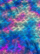Cobra Snake Foil Fabric - Hot Pink / Blue Iridescent - Cobra Snake Design on Tie Dye Spandex Fabric By Yard