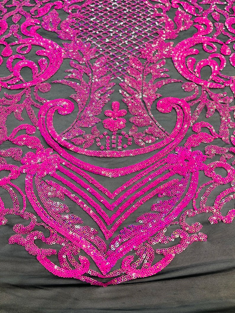 Hot Pink Sequins Fabric on Black Mesh, DAMASK Design Embroidered on a 4 way Stretch By The Yard