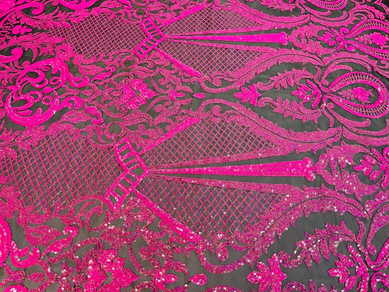Hot Pink Sequins Fabric on Black Mesh, DAMASK Design Embroidered on a 4 way Stretch By The Yard