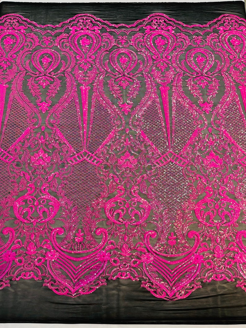 Hot Pink Sequins Fabric on Black Mesh, DAMASK Design Embroidered on a 4 way Stretch By The Yard