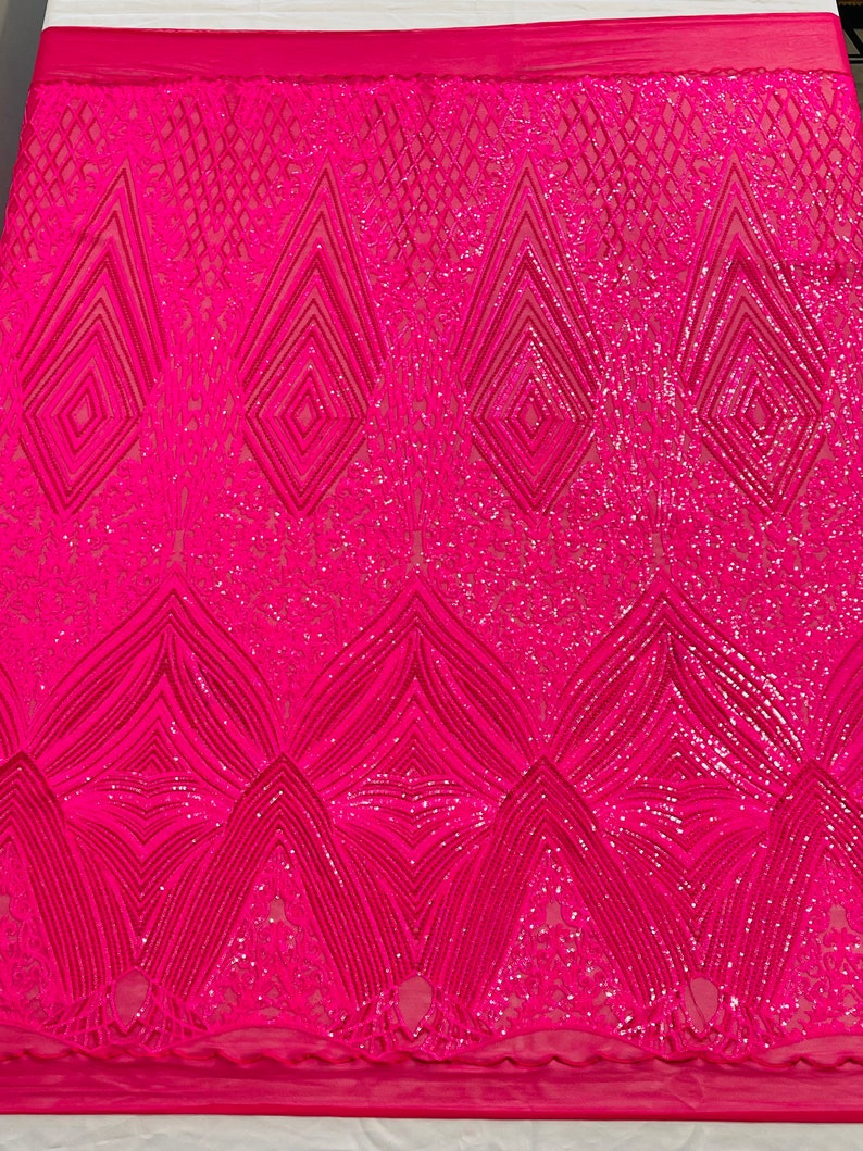 Hot Pink Sequins Fabric on a Mesh, GEOMETRIC Design 4 way Stretch By The Yard