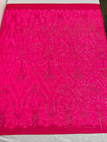 Big Damask Sequins Fabric - Hot Pink - 4 Way Stretch Damask Sequins Design Fabric By Yard