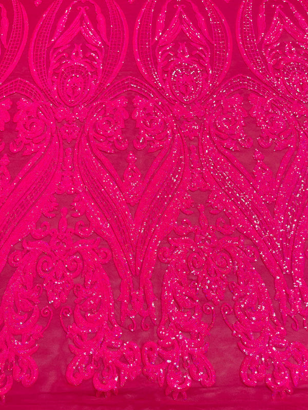 Big Damask Sequins Fabric - Hot Pink - 4 Way Stretch Damask Sequins Design Fabric By Yard