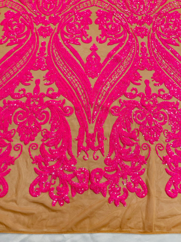 Big Damask Sequins Fabric - Hot Pink on Dark Nude - 4 Way Stretch Damask Sequins Design Fabric By Yard