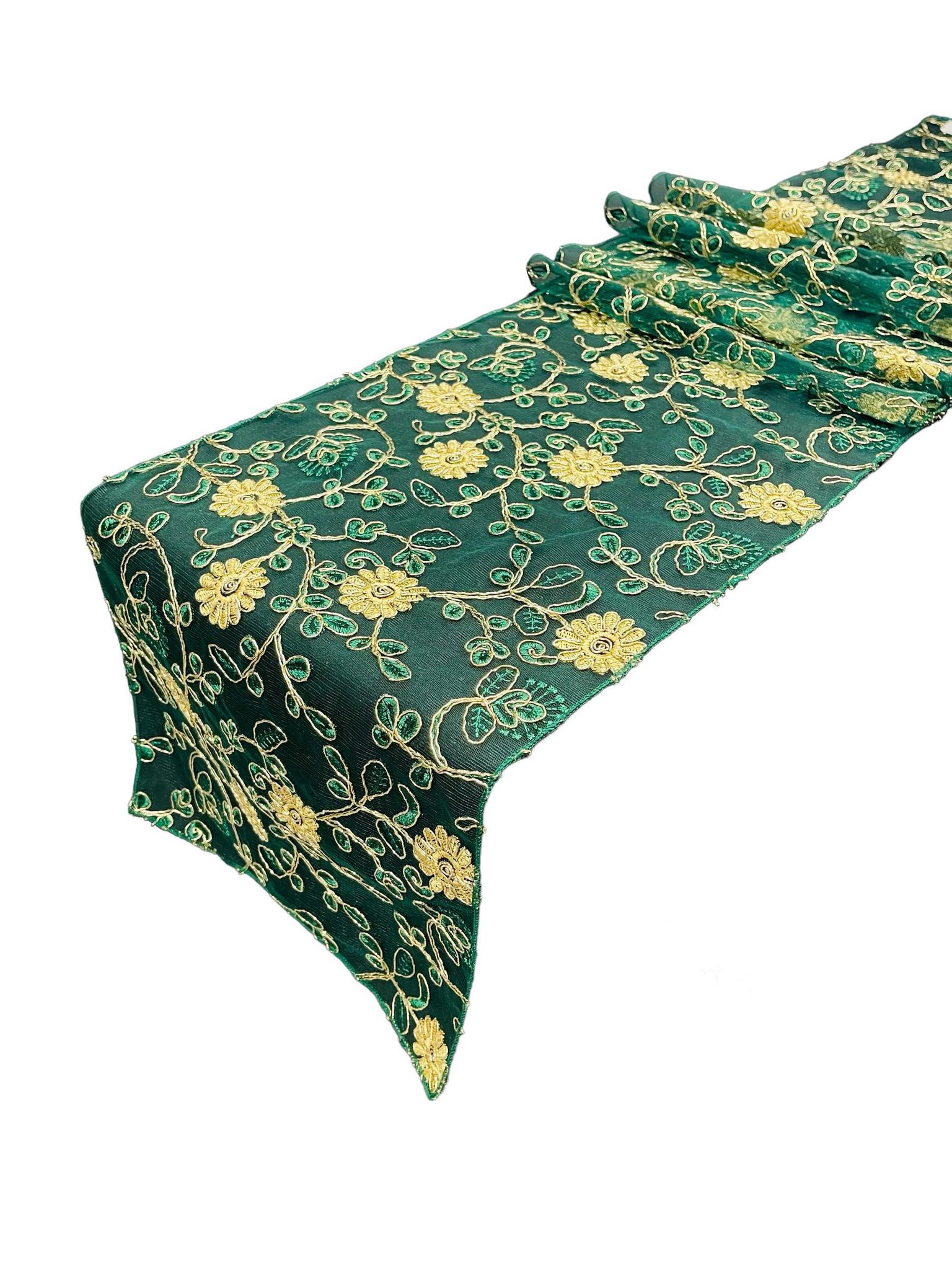 12" x 90" Metallic Flower Table Runner - Gold / Hunter Green - Fancy Runner for Event Decor