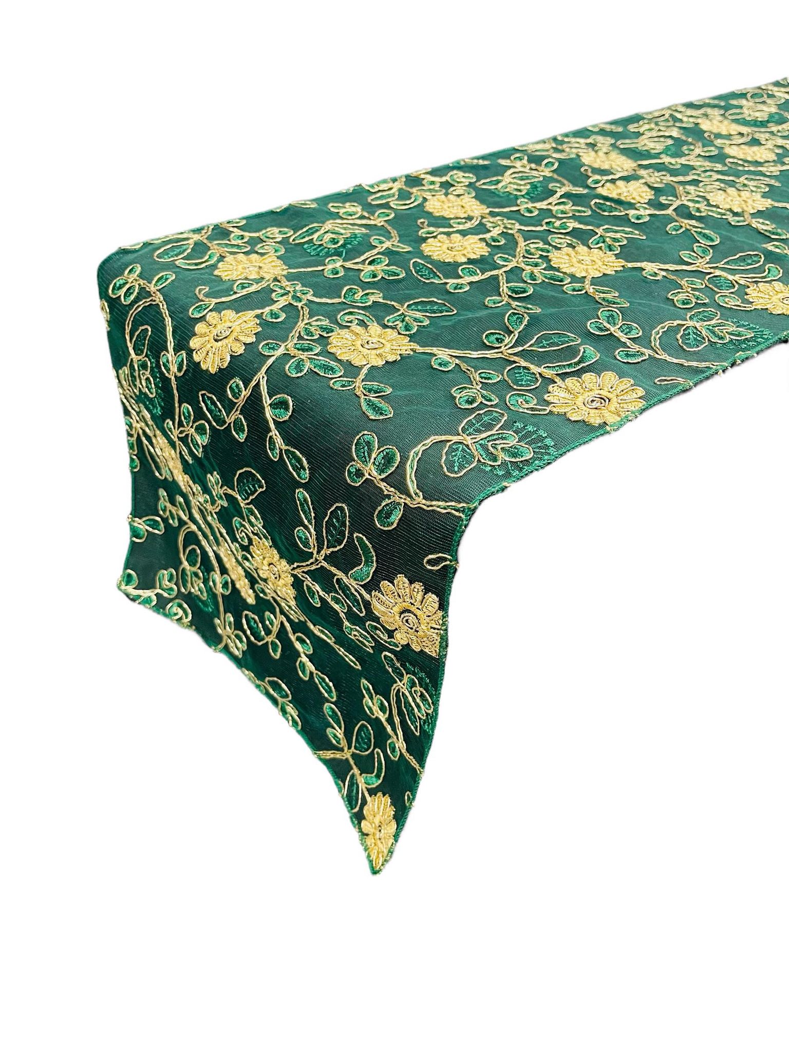 12" x 90" Metallic Flower Table Runner - Gold / Hunter Green - Fancy Runner for Event Decor