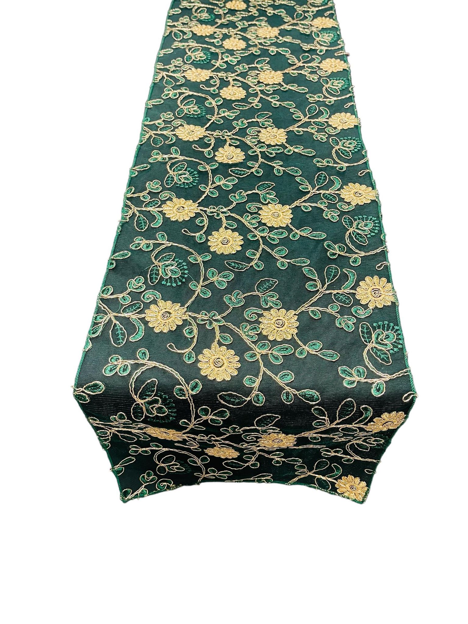 12" x 90" Metallic Flower Table Runner - Gold / Hunter Green - Fancy Runner for Event Decor