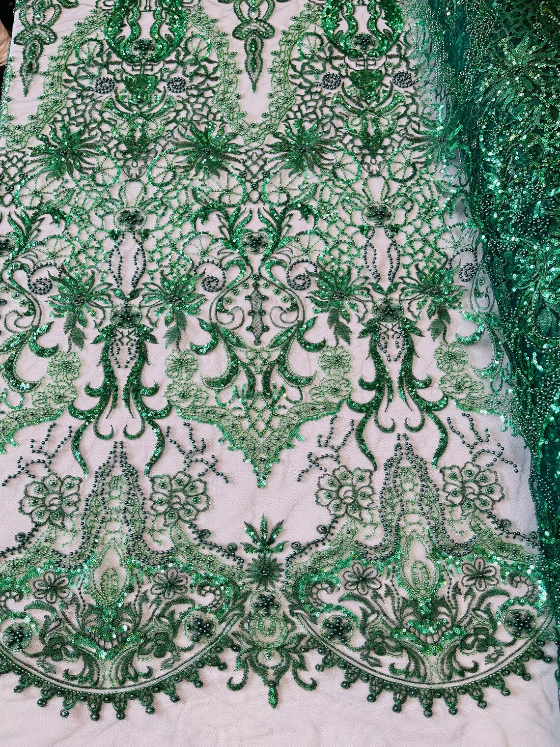Beaded Fabric by yard - Hunter Green - Damask Pattern With Beads and Sequin, Appliqué Lace for Bridal and Prom Dress