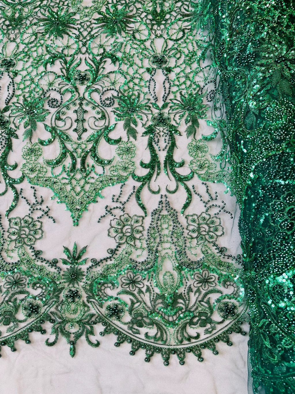 Beaded Fabric by yard - Hunter Green - Damask Pattern With Beads and Sequin, Appliqué Lace for Bridal and Prom Dress