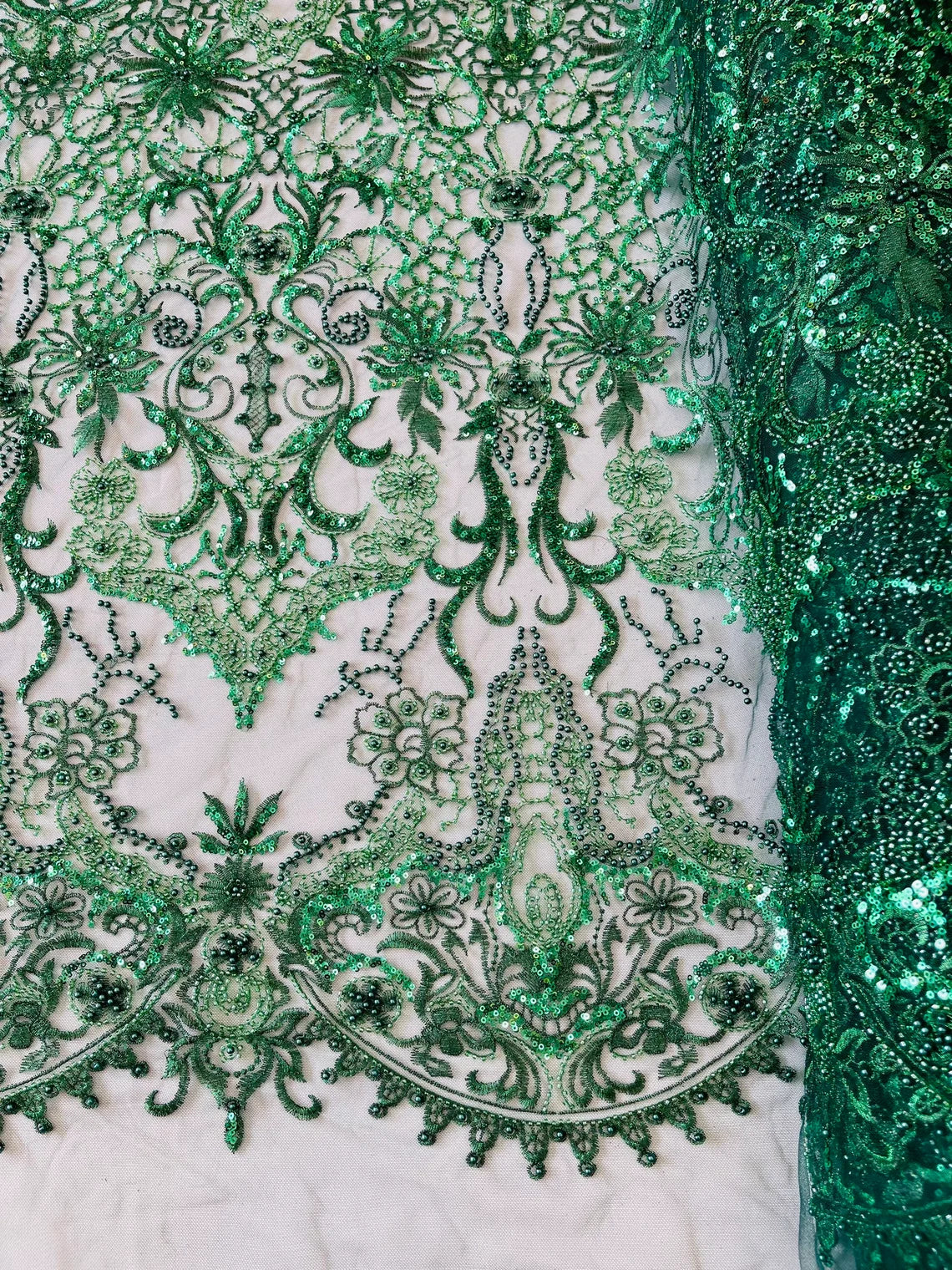 Beaded Fabric by yard - Hunter Green - Damask Pattern With Beads and Sequin, Appliqué Lace for Bridal and Prom Dress