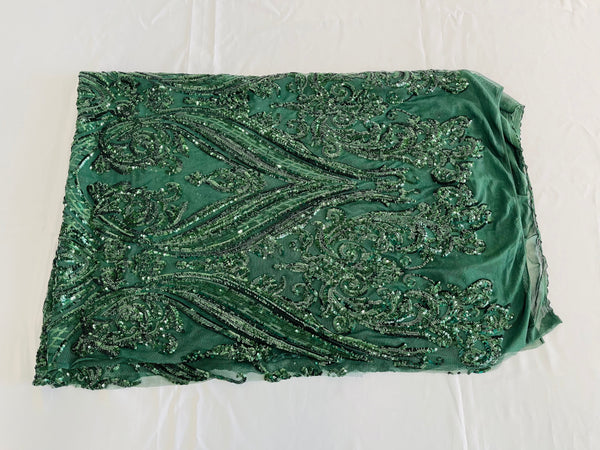 Big Damask Sequins Fabric - Hunter Green - 4 Way Stretch Damask Sequins Design Fabric By Yard