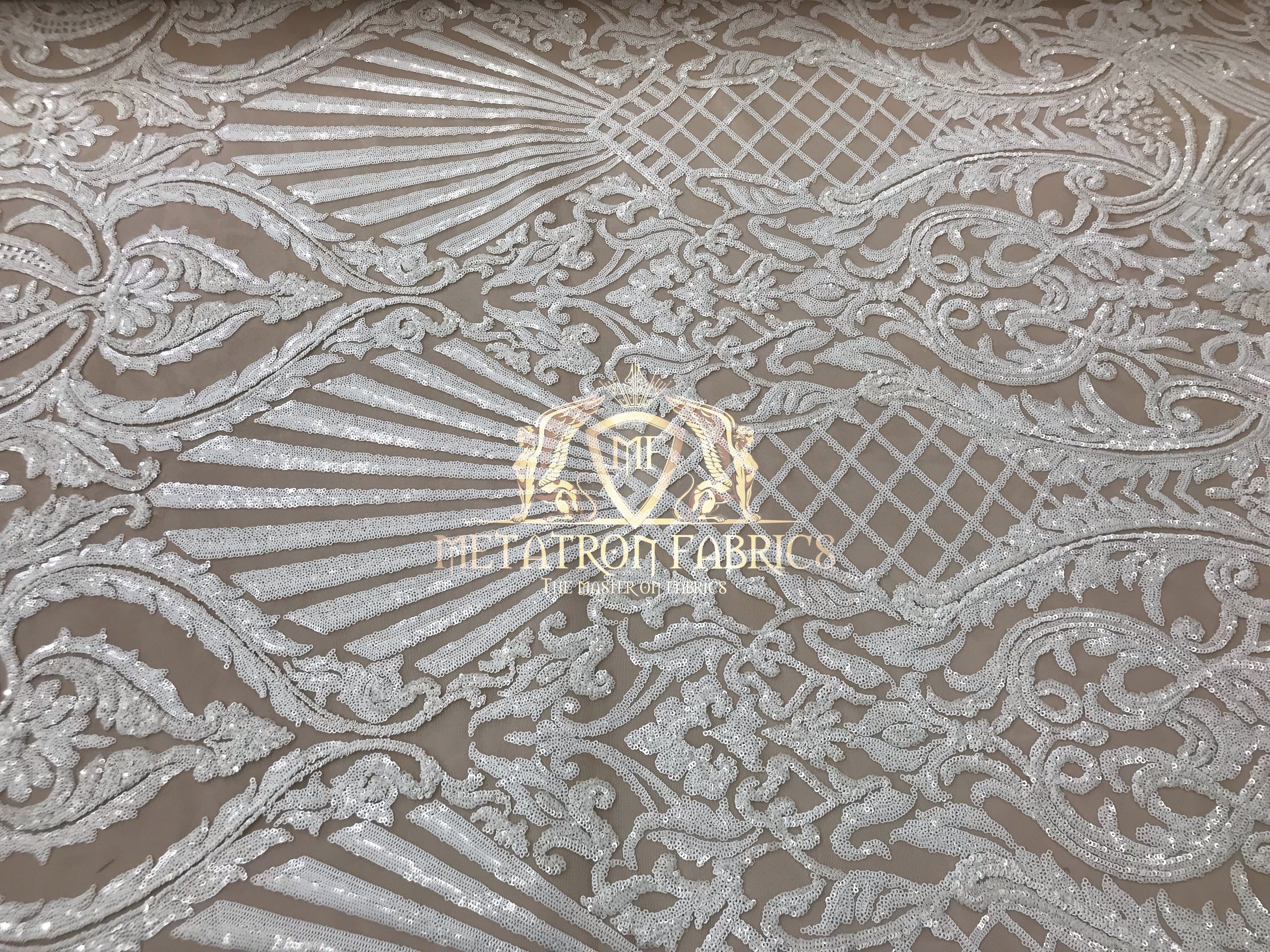Sequins - White on Dark Nude Mesh - 4 Way Stretch Fancy Fabric Embroidered On Mesh Sold By The Yard