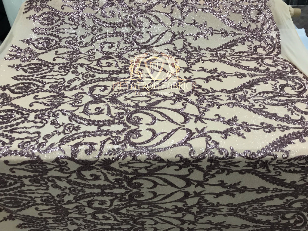 Two Tone Sequins - Dusty Rose/ Nude - 4 Way Stretch Fancy Design Mesh Fabric Sold By The Yard