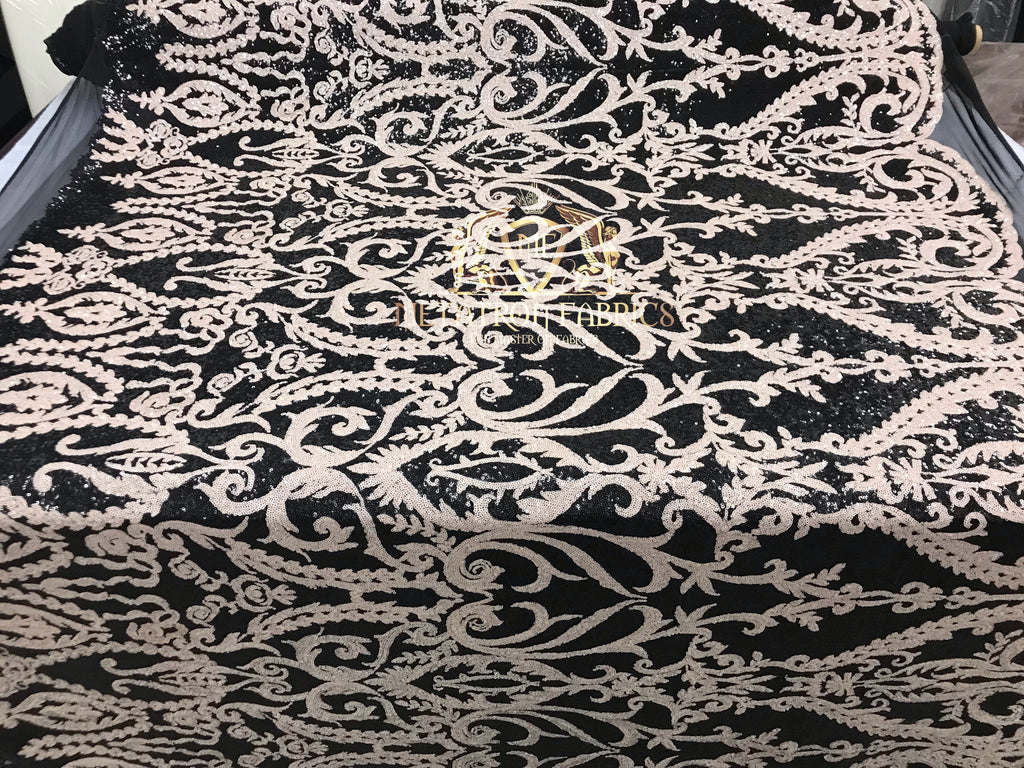 Two Tone Sequins - Black / Cream - 4 Way Stretch Fancy Design Mesh Fabric Sold By The Yard