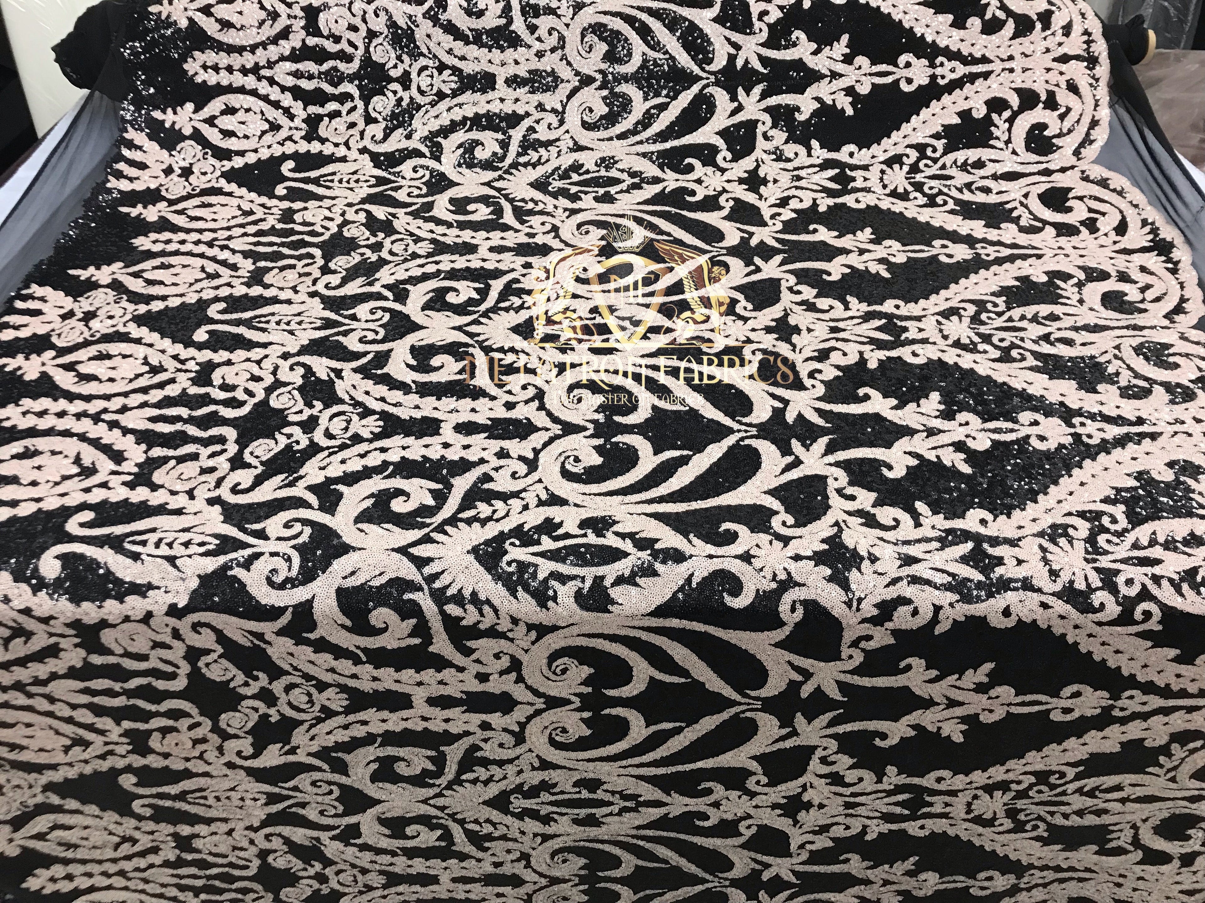Two Tone Sequins - Black / Cream - 4 Way Stretch Fancy Design Mesh Fabric Sold By The Yard
