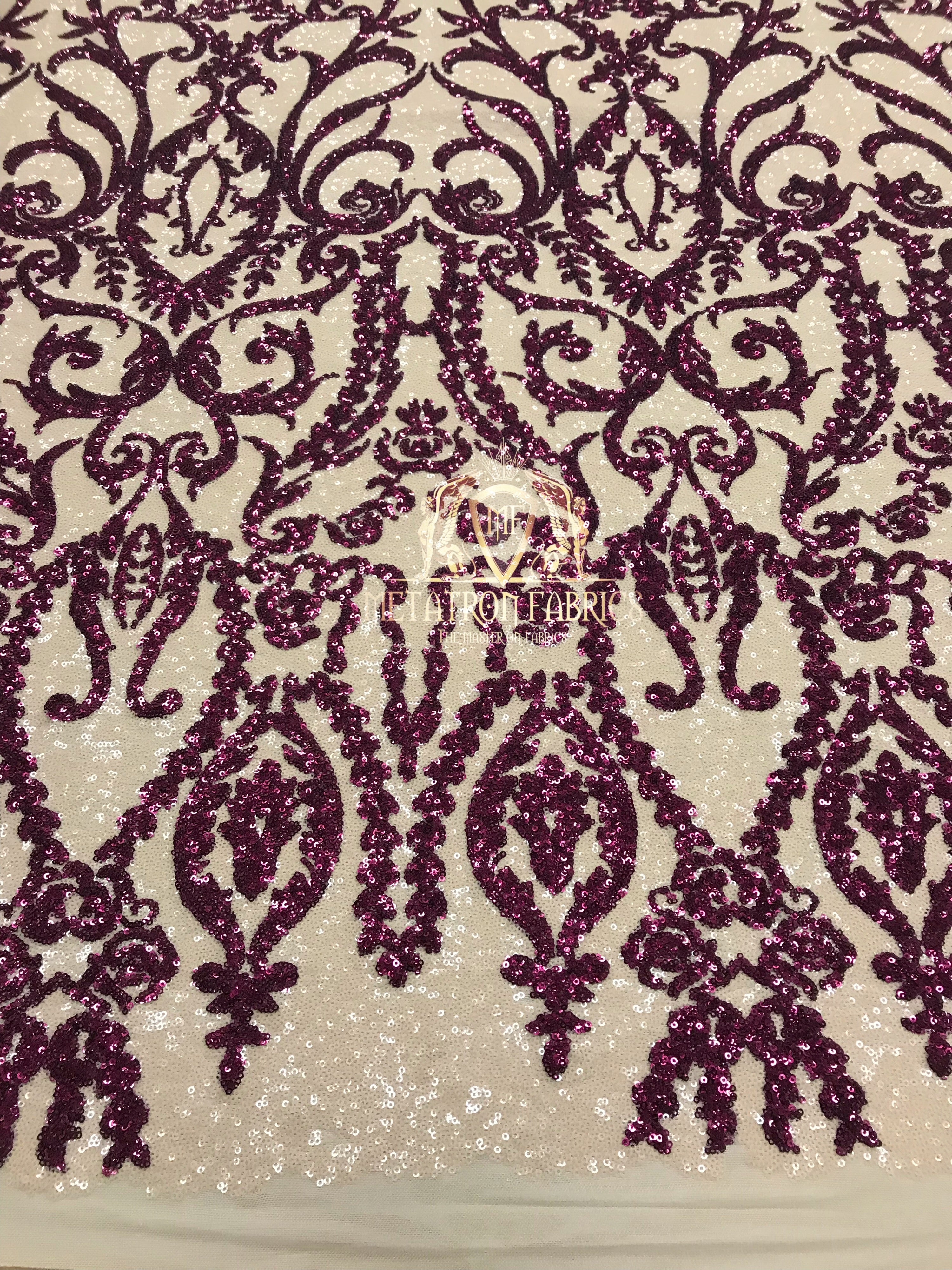 Two Tone Sequins - Magenta / Nude - 4 Way Stretch Fancy Design Mesh Fabric Sold By The Yard