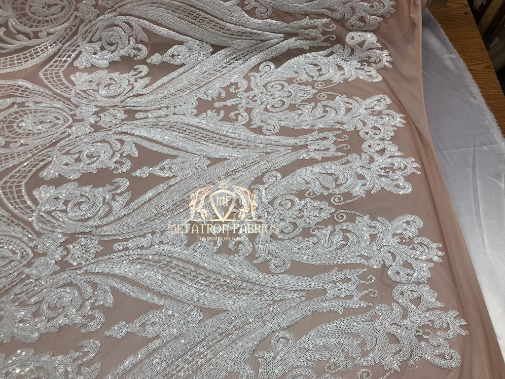 Big Damask Sequins Fabric - White on Nude - 4 Way Stretch Damask Sequins Design Fabric By Yard