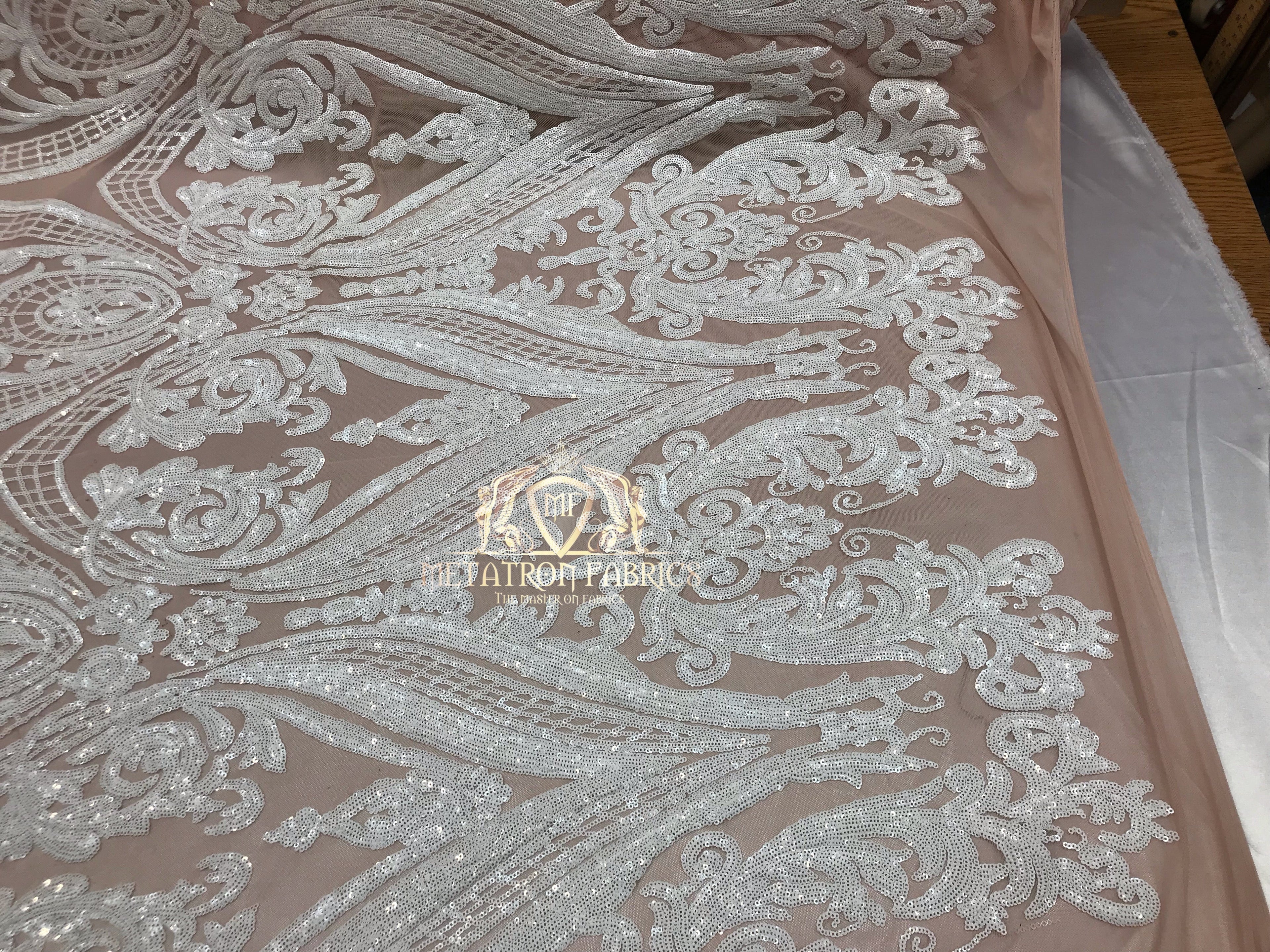 Big Damask Sequins Fabric - White on Nude - 4 Way Stretch Damask Sequins Design Fabric By Yard