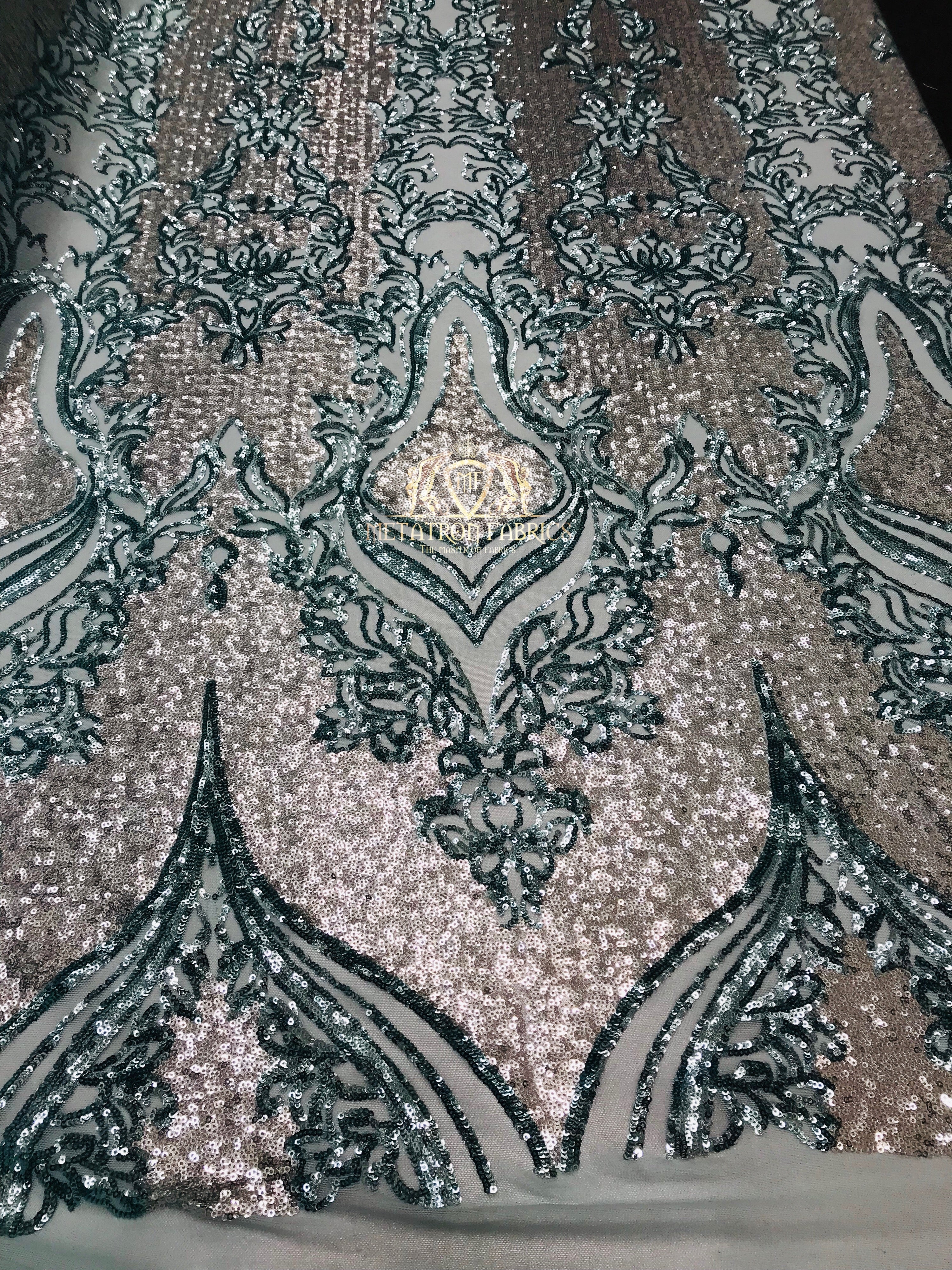 4 Way Stretch - Silver and Teal - Two Tone Flower Design Sequins On Stretch Mesh By The Yard