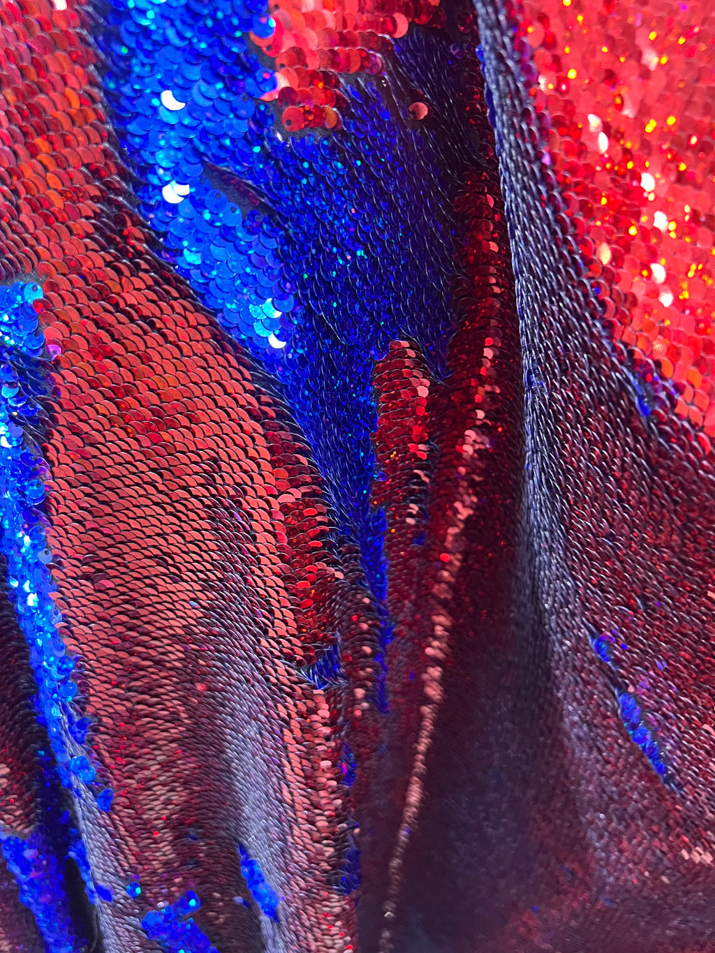Red Royal blue Mermaid Sequins Fabric Reversible 2 Way Stretch Shiny Flip Up By Yard