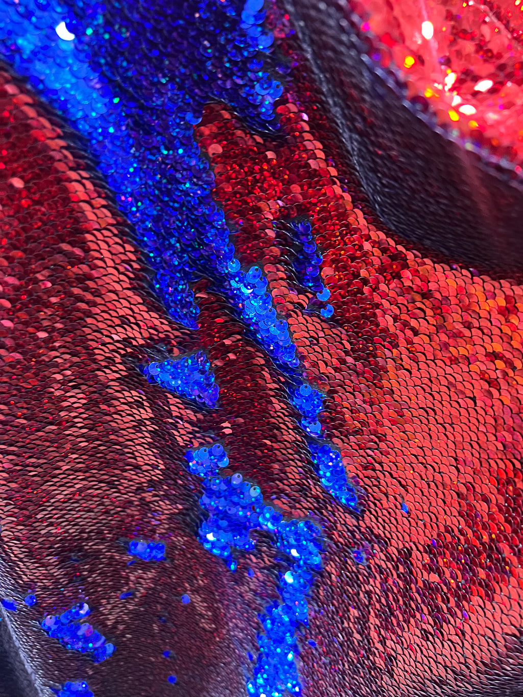 Red Royal blue Mermaid Sequins Fabric Reversible 2 Way Stretch Shiny Flip Up By Yard