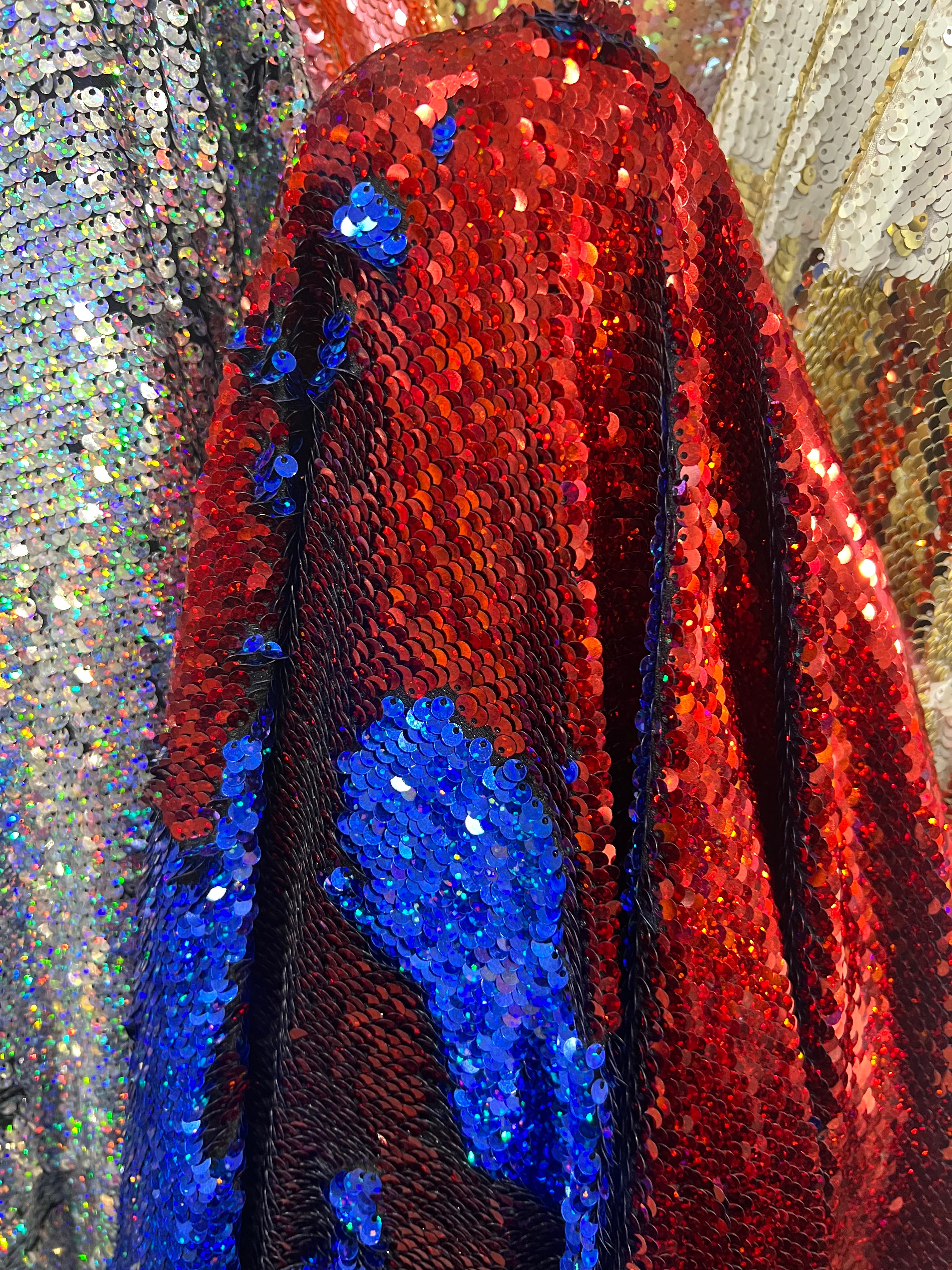 Red Royal blue Mermaid Sequins Fabric Reversible 2 Way Stretch Shiny Flip Up By Yard