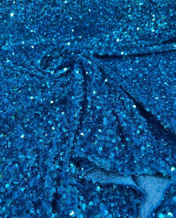 Stretch Velvet Sequins Fabric - Turquoise - Velvet Sequins 2 Way Stretch 58/60” By Yard