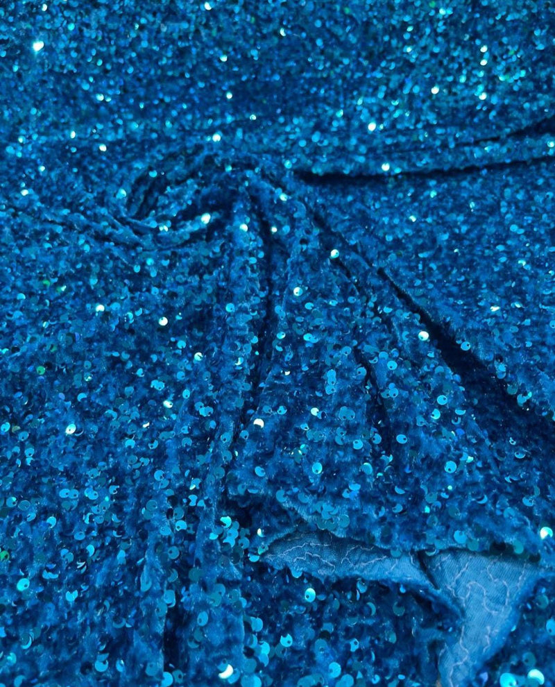 Stretch Velvet Sequins Fabric - Turquoise - Velvet Sequins 2 Way Stretch 58/60” By Yard