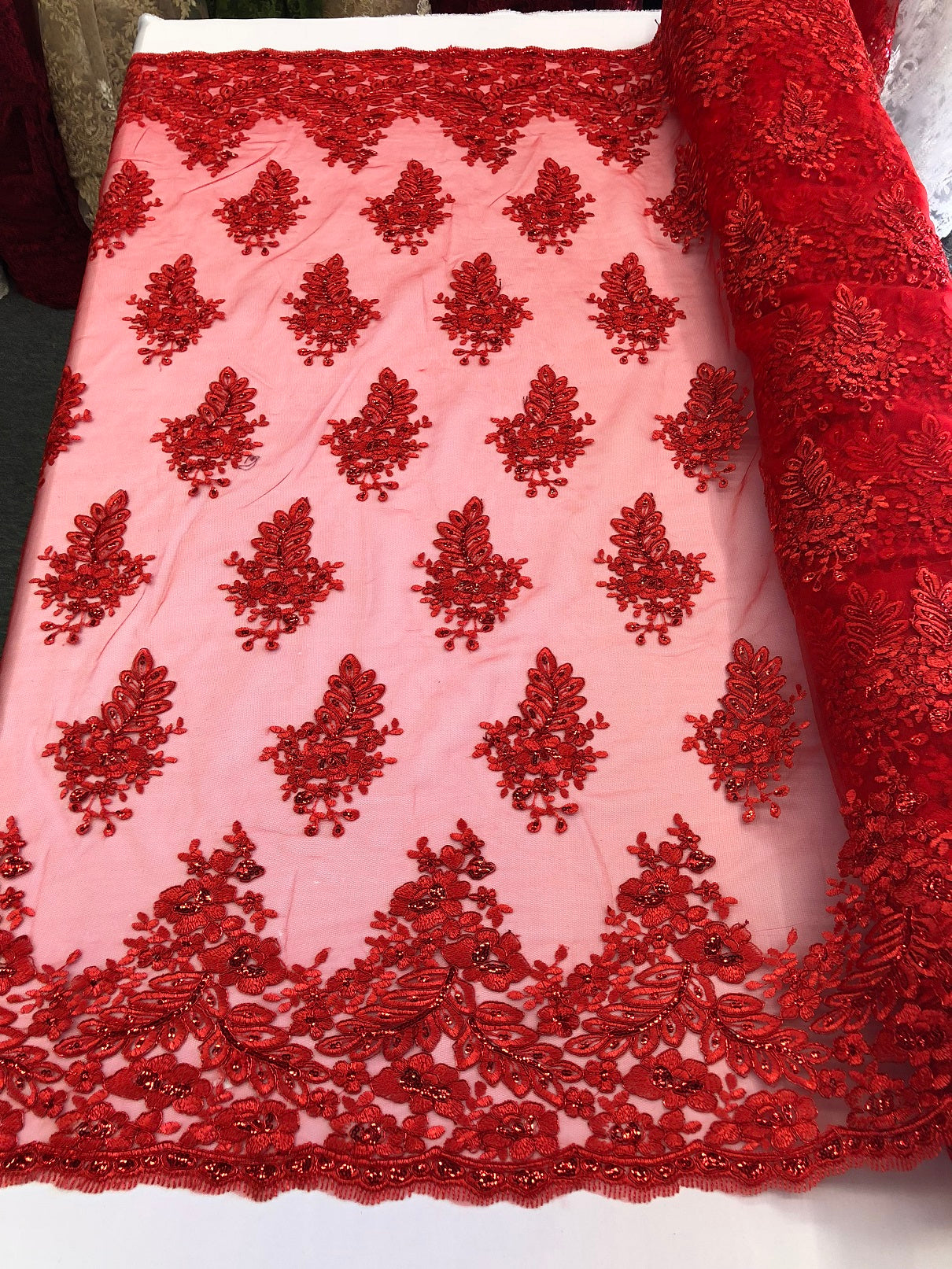 Floral Red Embroidered Lace Fabric with Sequins - Fancy Embroidery Design Fabrics By The Yard