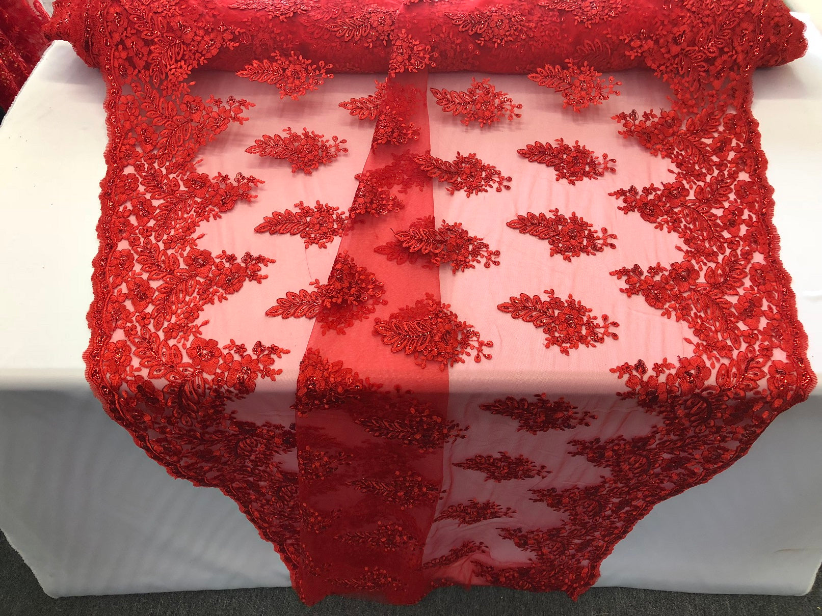 Floral Red Embroidered Lace Fabric with Sequins - Fancy Embroidery Design Fabrics By The Yard