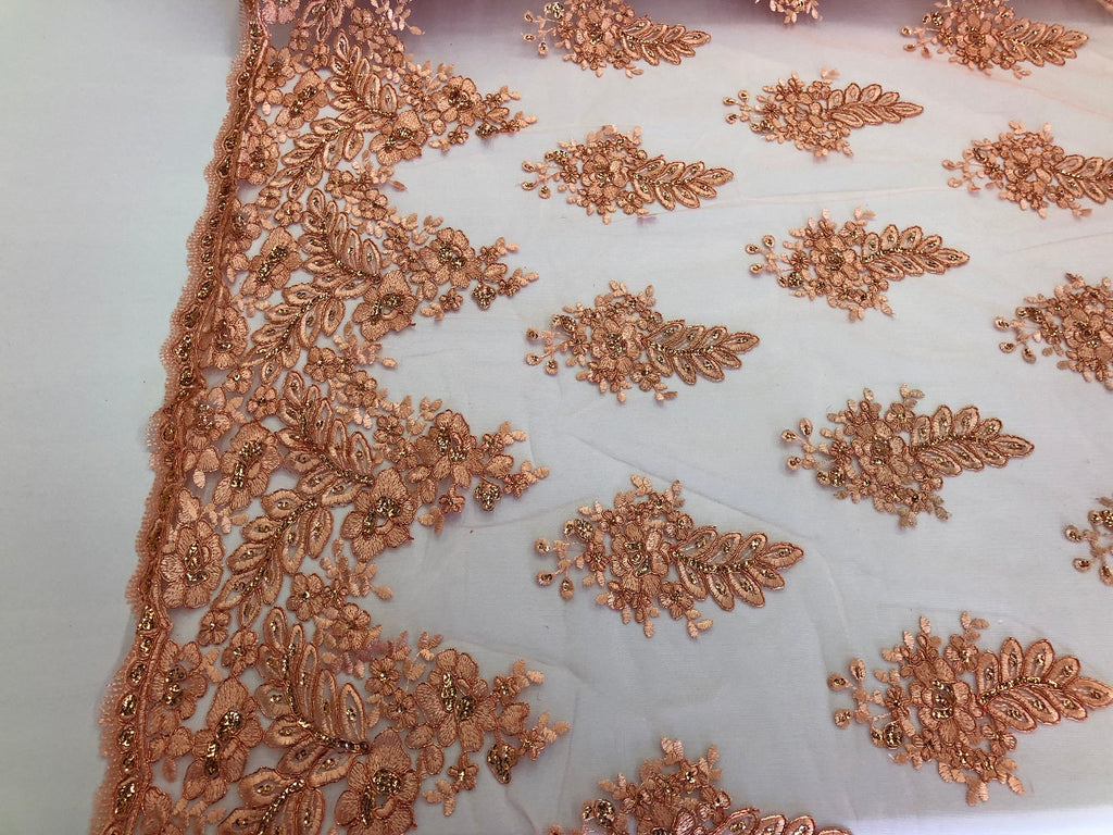 Floral Peach Embroidered Lace Fabric with Sequins - Fancy Embroidery Design Fabrics by The Yard