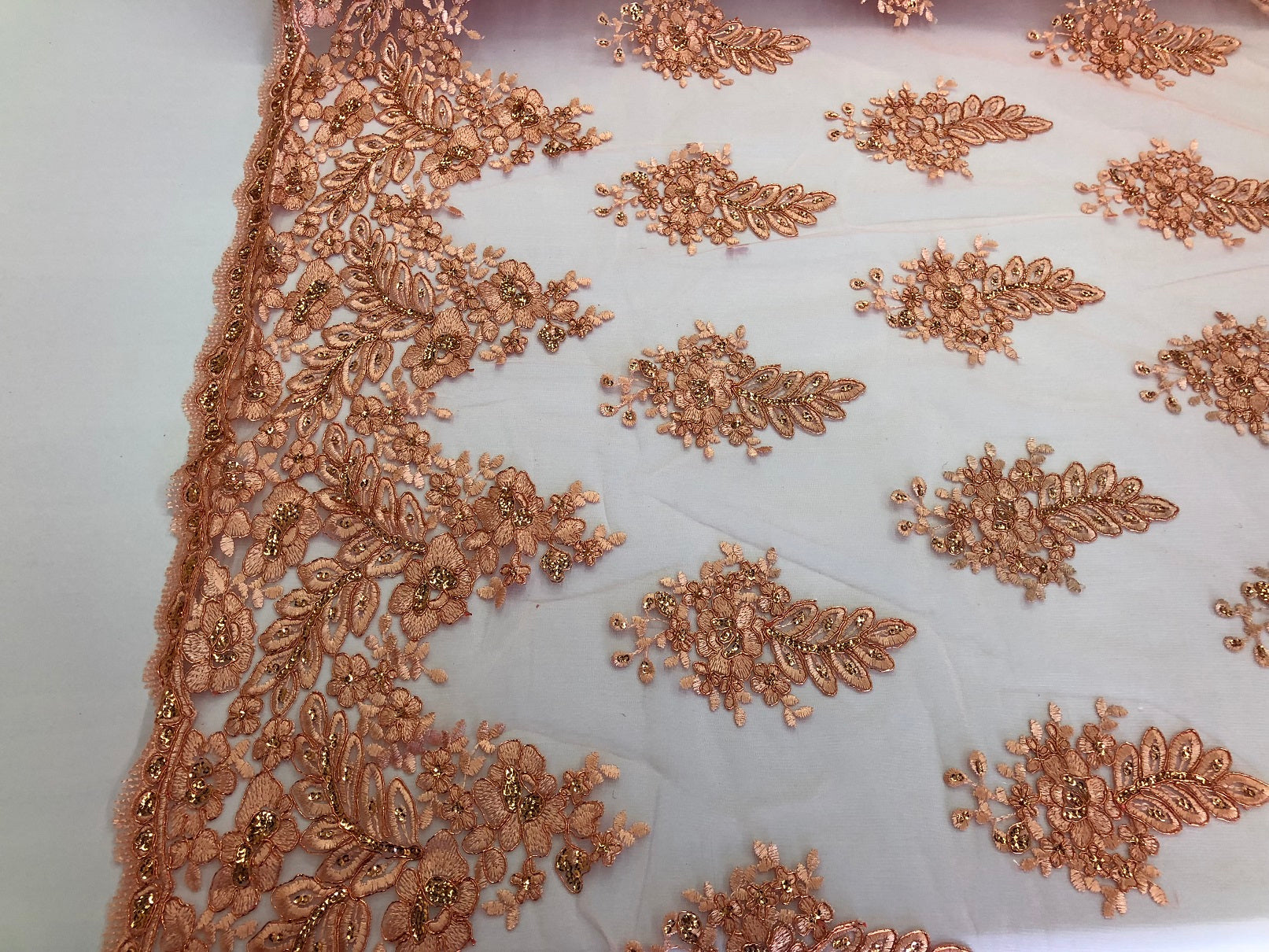 Floral Peach Embroidered Lace Fabric with Sequins - Fancy Embroidery Design Fabrics by The Yard