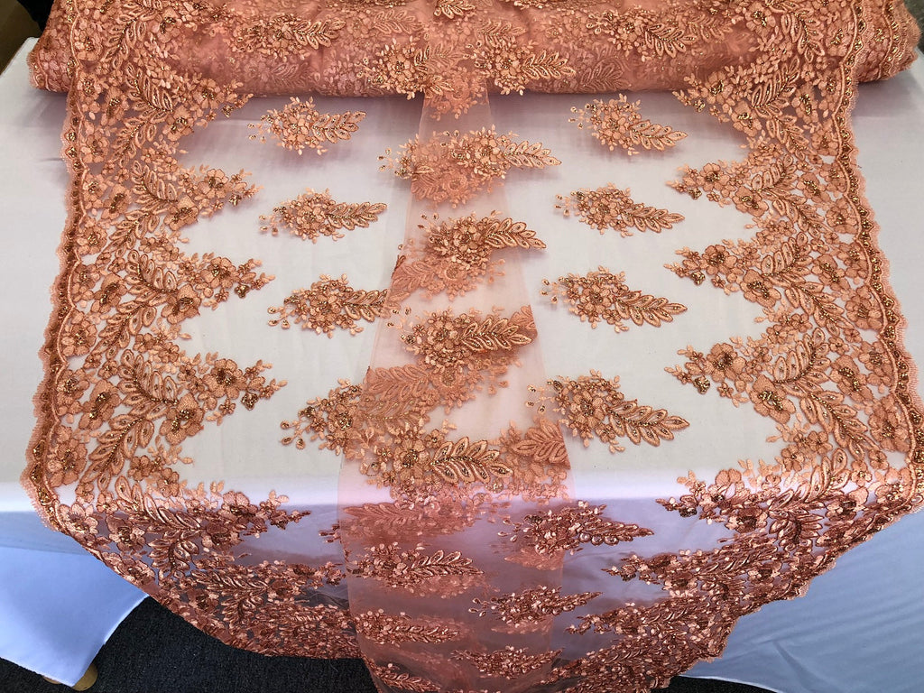 Floral Peach Embroidered Lace Fabric with Sequins - Fancy Embroidery Design Fabrics by The Yard