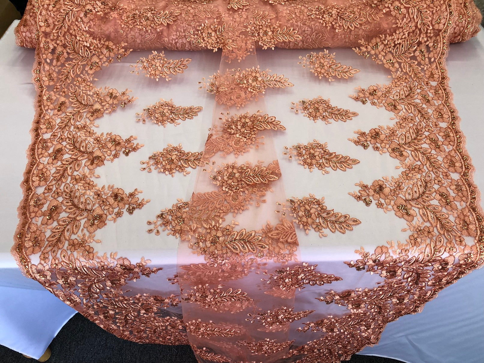 Floral Peach Embroidered Lace Fabric with Sequins - Fancy Embroidery Design Fabrics by The Yard