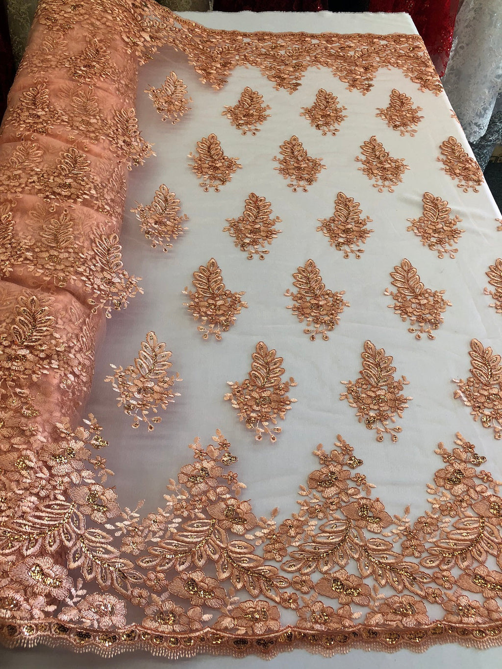 Floral Peach Embroidered Lace Fabric with Sequins - Fancy Embroidery Design Fabrics by The Yard