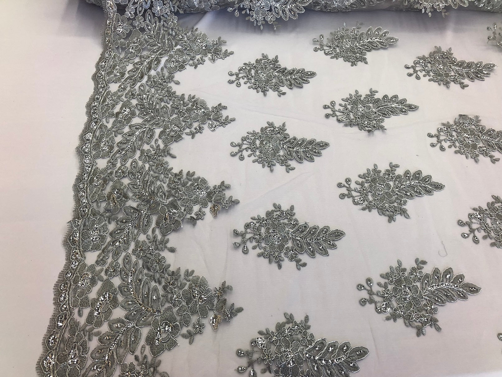Floral Silver Embroidered Lace Fabric with Sequins - Fancy Embroidery Design Fabrics The The Yard