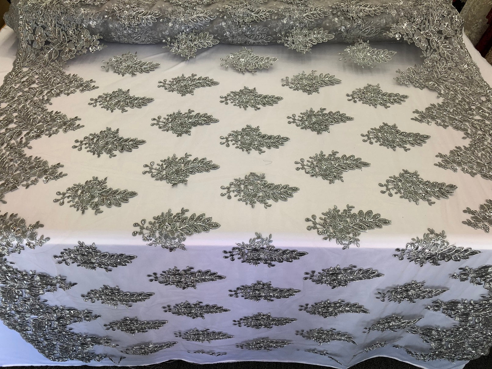 Floral Silver Embroidered Lace Fabric with Sequins - Fancy Embroidery Design Fabrics The The Yard