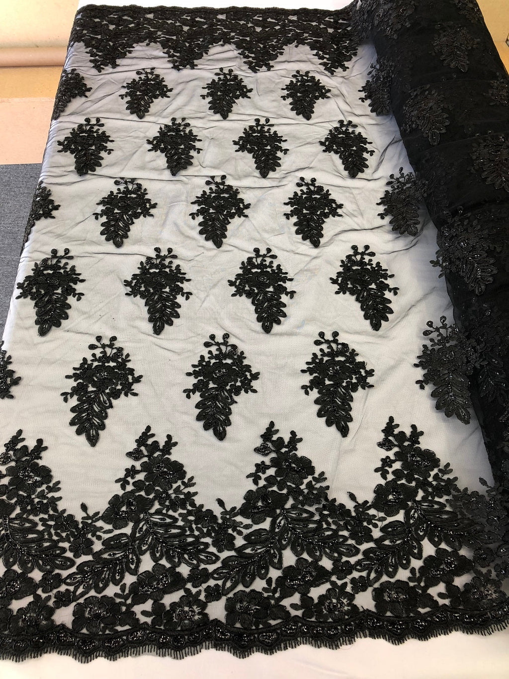 Floral Black Embroidered Lace Fabric with Sequins - Fancy Embroidery Design Fabric by The Yard