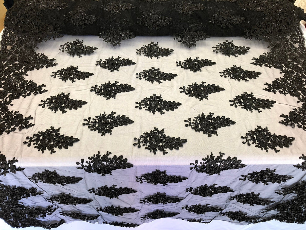 Floral Black Embroidered Lace Fabric with Sequins - Fancy Embroidery Design Fabric by The Yard