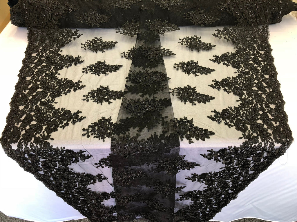 Floral Black Embroidered Lace Fabric with Sequins - Fancy Embroidery Design Fabric by The Yard