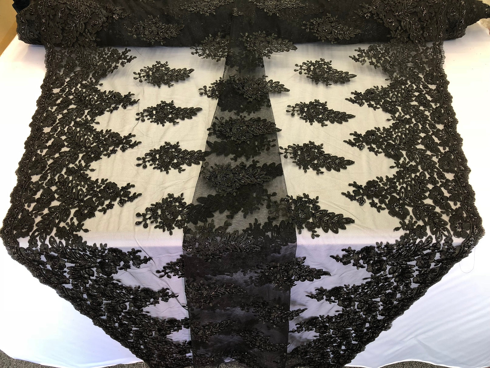 Floral Black Embroidered Lace Fabric with Sequins - Fancy Embroidery Design Fabric by The Yard
