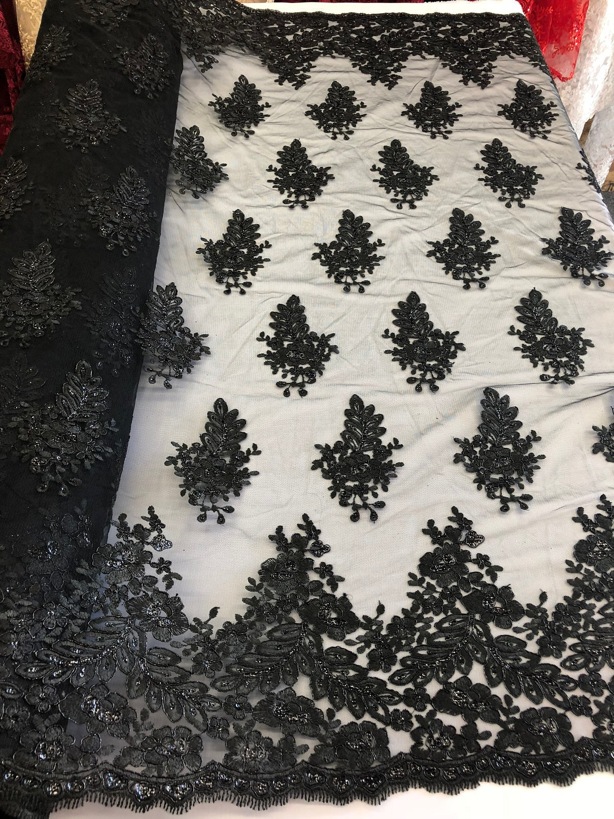 Floral Black Embroidered Lace Fabric with Sequins - Fancy Embroidery Design Fabric by The Yard